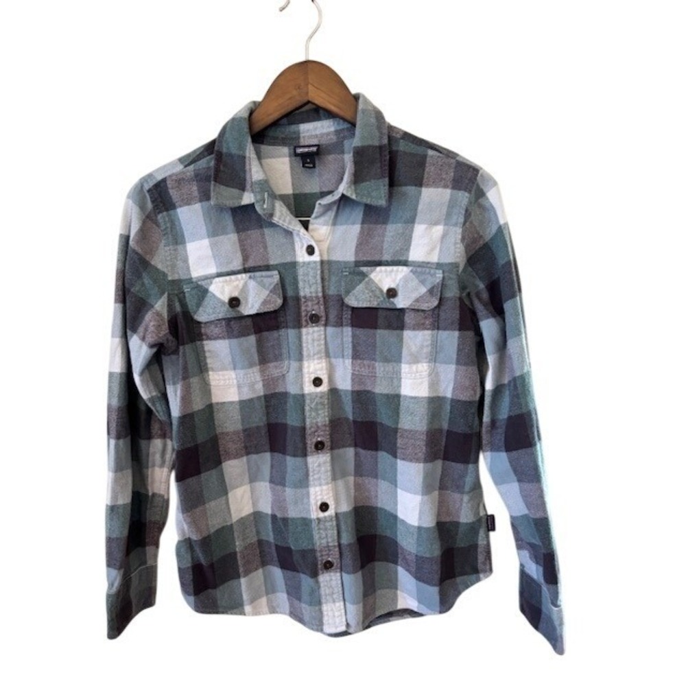 Patagonia Women's Organic Cotton Fjord Flannel Shirt Blue Green Plaid Small